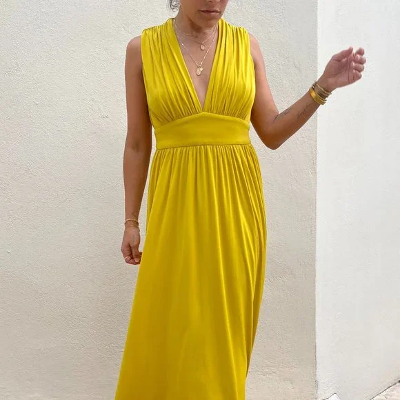 Vintage | Dresses | Yellow Maxi Vneck Draped Dress Fitted At The Waist |  Poshmark